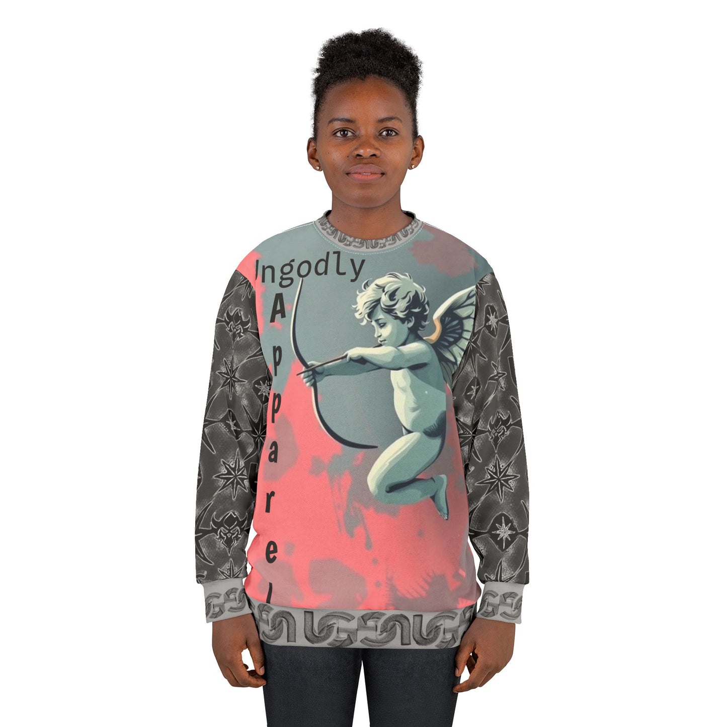 Cupid Cherub All-Over Print Sweatshirt — Vintage Angel Graphic, 'Ungodly Apparel'