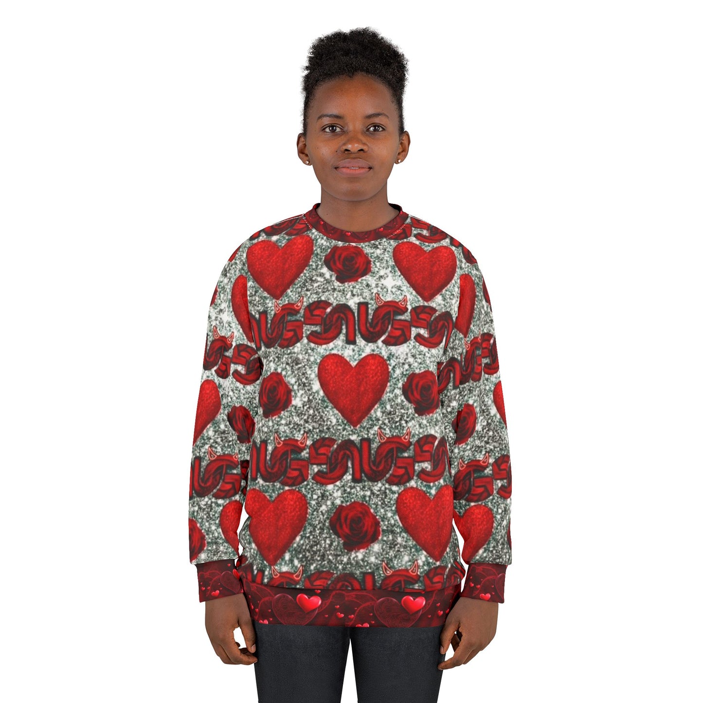 Unisex Valentine Heart Pattern Sweatshirt – All-Over Print Red Hearts & Roses Crewneck