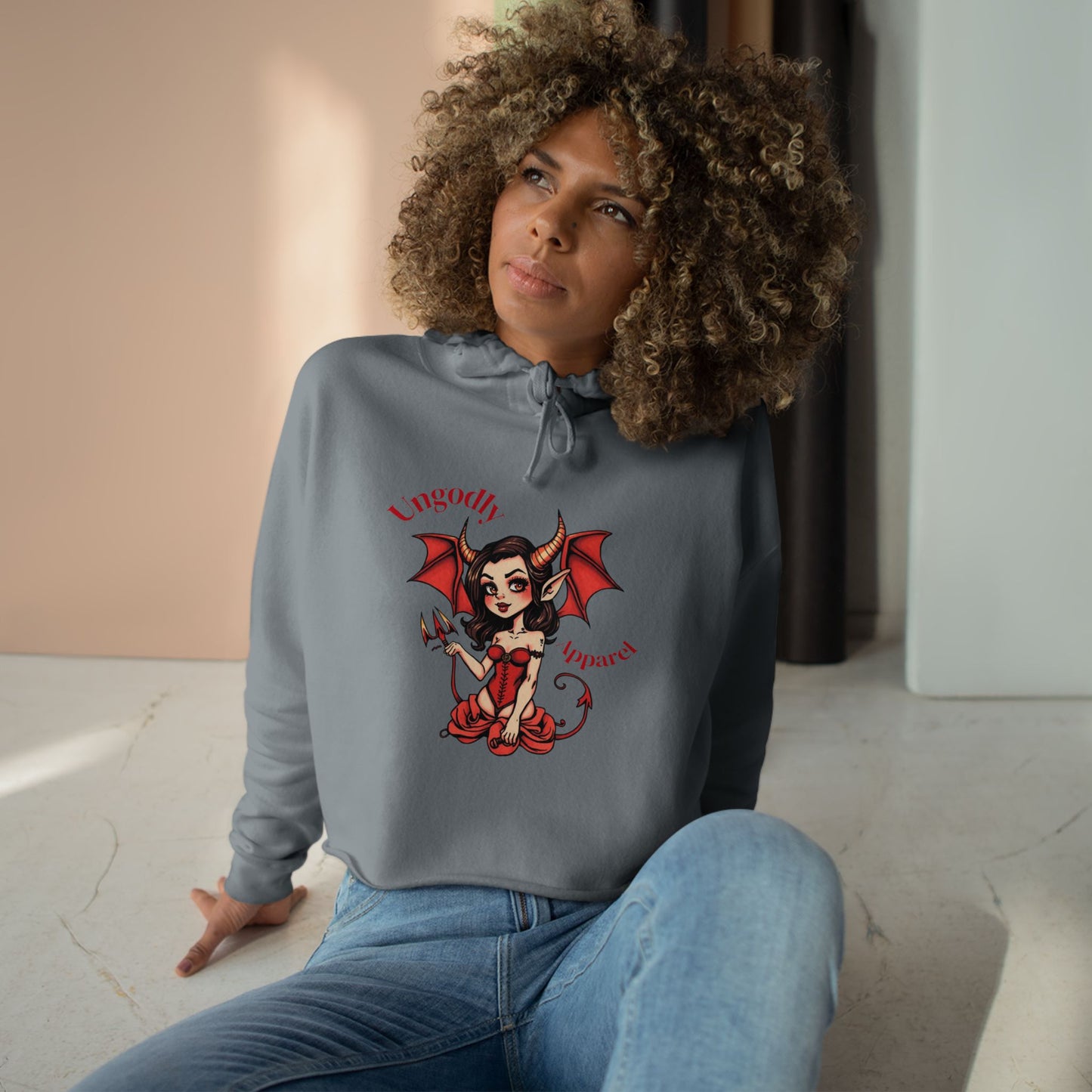 "Ungodly Apparel Slogan" Devilish Charm Crop Hoodie | Trendy Sweatshirt for Halloween, Gift for Her, Casual Wear, Perfect for Parties, Comfortable & Cool