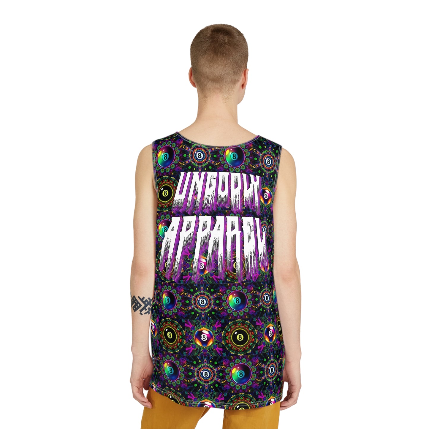 "Ungodly 8 Ball" Vibrant Men's Tank Top, Festival Wear, Summer Essential, Graphic Sleeveless Shirt, Casual Streetwear, AOP Design