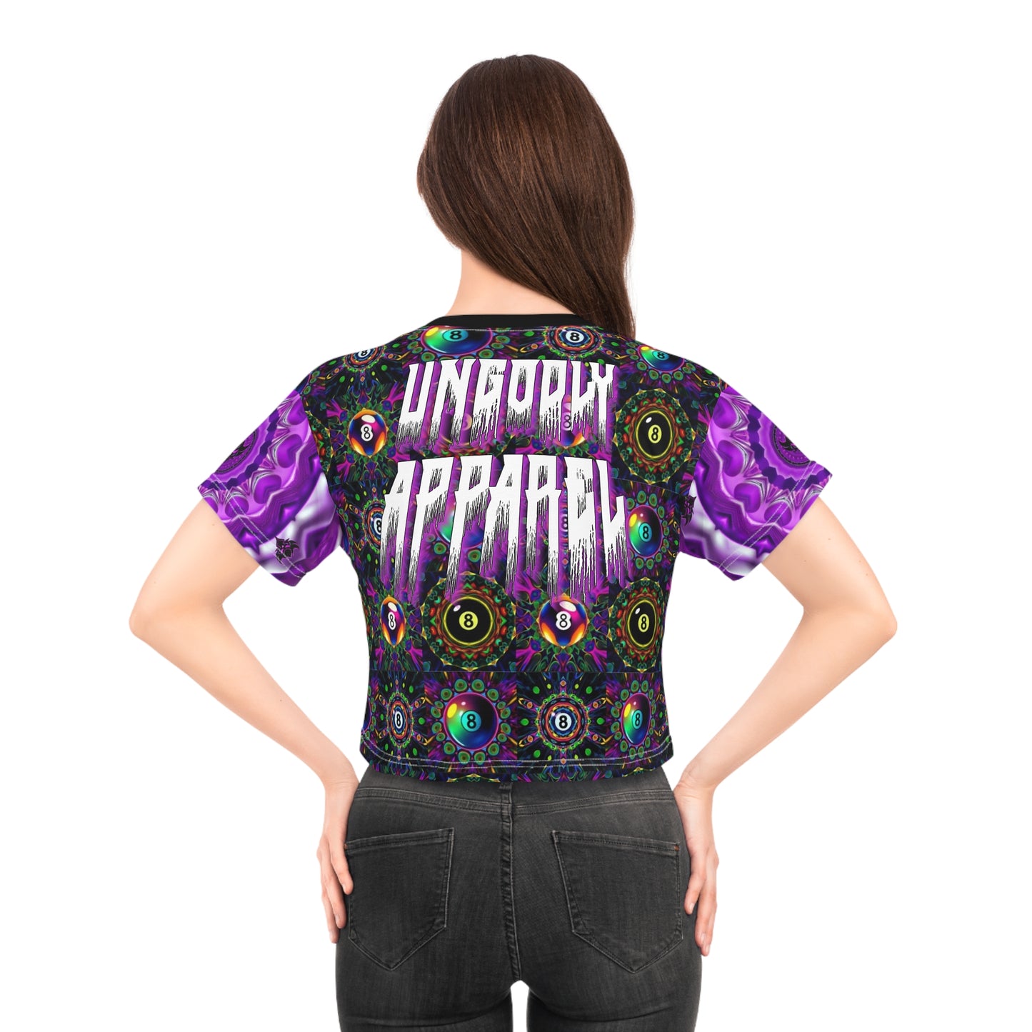 "Ungodly 8 Ball" Colorful 8-Ball Crop Tee for Gamers, Trendy Streetwear, Unique Gift for Pool Lovers, Festival Apparel, Playful Summer Top