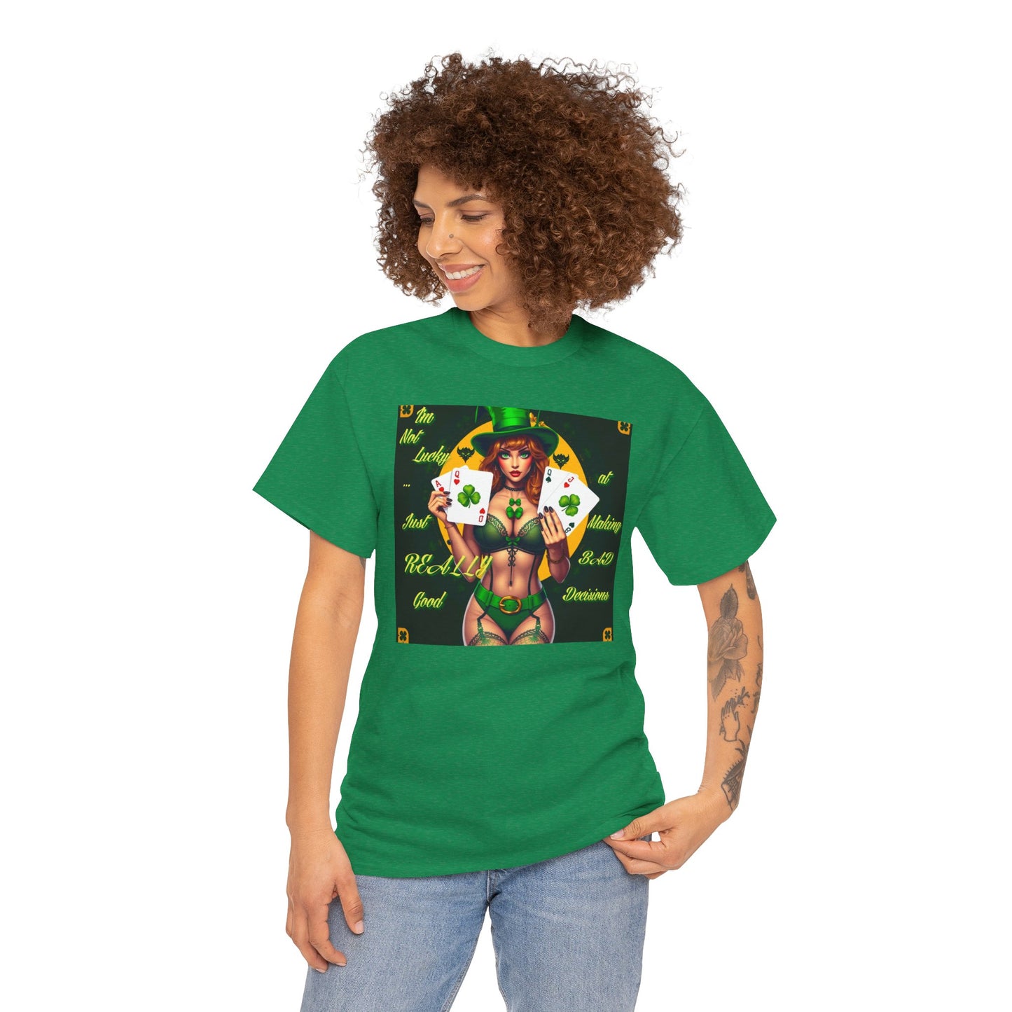 "I'm Not Lucky, I'm just really good at making Bad Decisions" St. Patrick's Day Unisex Heavy Cotton Tee - Playful Design with Lucky Charm Theme