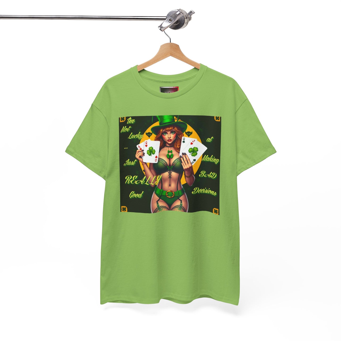 "I'm Not Lucky, I'm just really good at making Bad Decisions" St. Patrick's Day Unisex Heavy Cotton Tee - Playful Design with Lucky Charm Theme