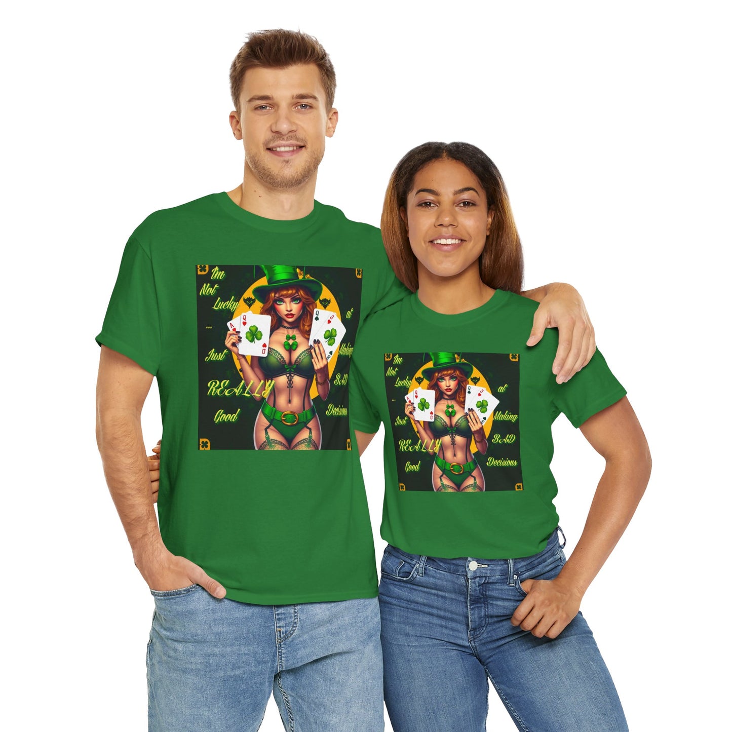 "I'm Not Lucky, I'm just really good at making Bad Decisions" St. Patrick's Day Unisex Heavy Cotton Tee - Playful Design with Lucky Charm Theme