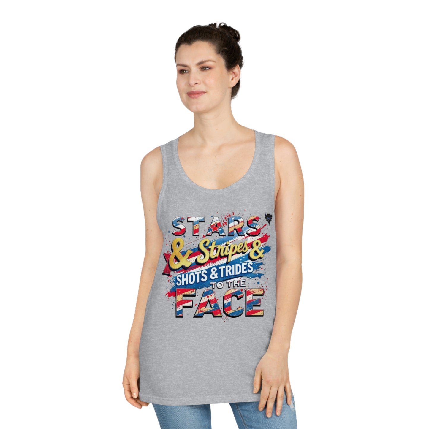 "Stars, Stripes, & Shots to the Face" Tank Top - Unisex Softstyle™ Tank, Perfect for July 4th, Summer Fun, BBQs, Casual Outings, Outdoor Events