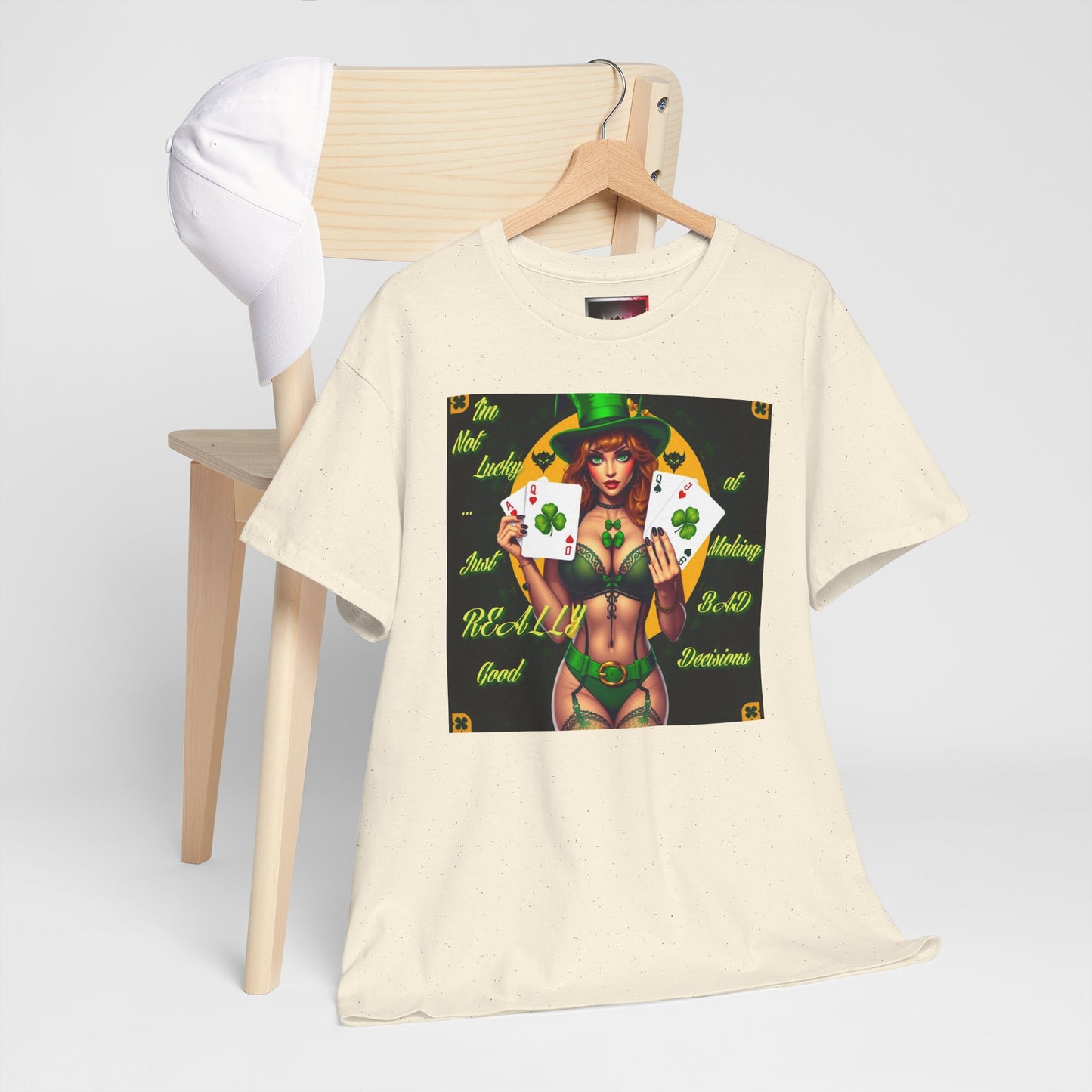 "I'm Not Lucky, I'm just really good at making Bad Decisions" St. Patrick's Day Unisex Heavy Cotton Tee - Playful Design with Lucky Charm Theme