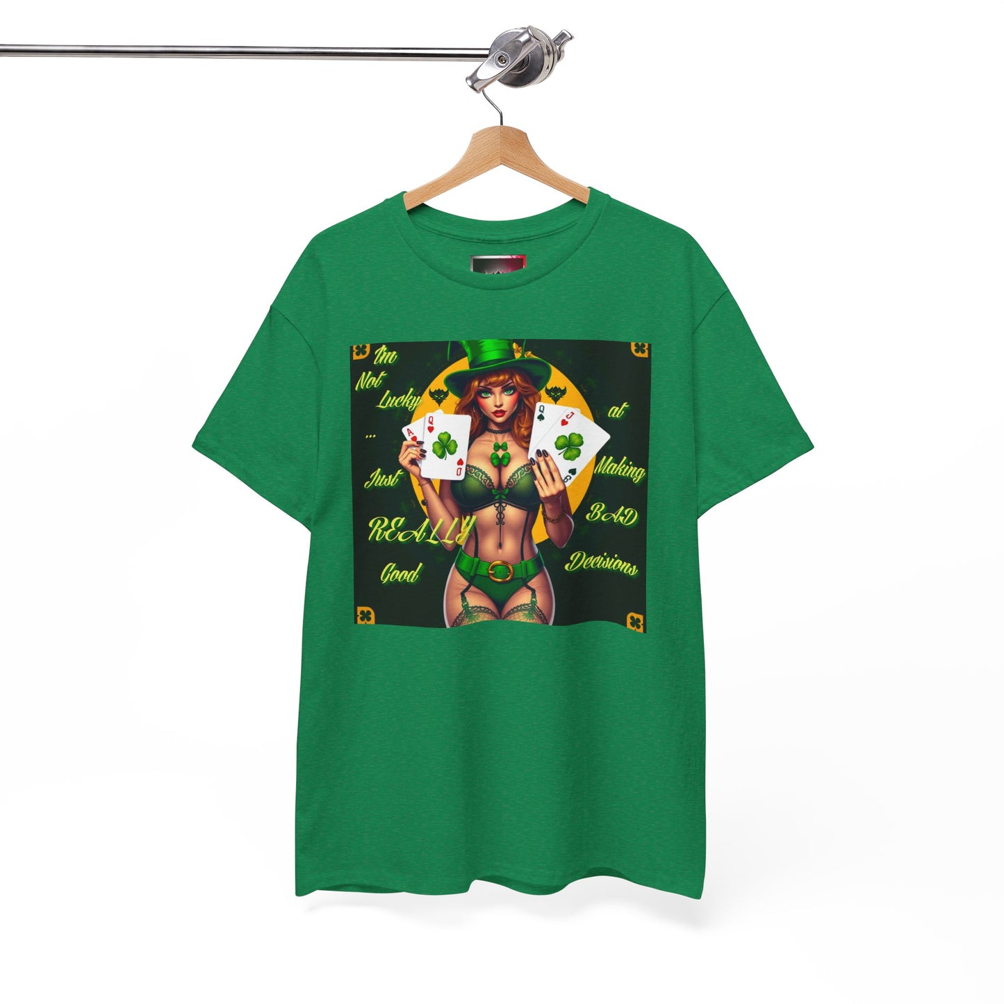 "I'm Not Lucky, I'm just really good at making Bad Decisions" St. Patrick's Day Unisex Heavy Cotton Tee - Playful Design with Lucky Charm Theme