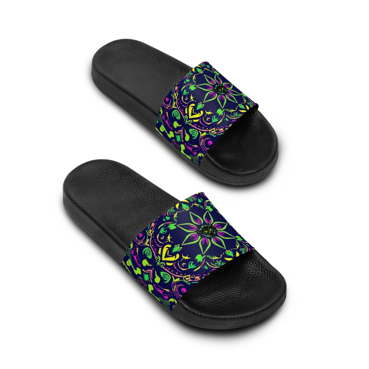 Vibrant "Ungodly Apparel Purple and Green Paisley" Men's Slide Sandals with Colorful Mandala Print