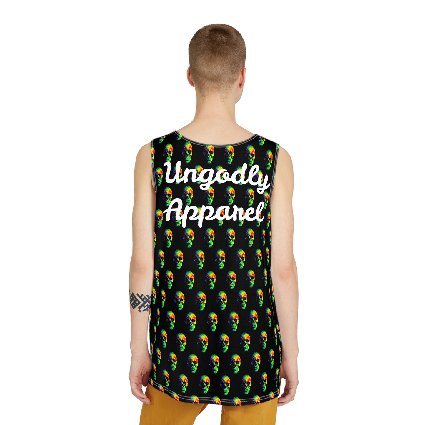 "Ungodly Tie Dye Skulls" Men's AOP Skull Tank Top - Vibrant Streetwear, Summer Essential, Festival Outfit, Gothic Style, Party Wear