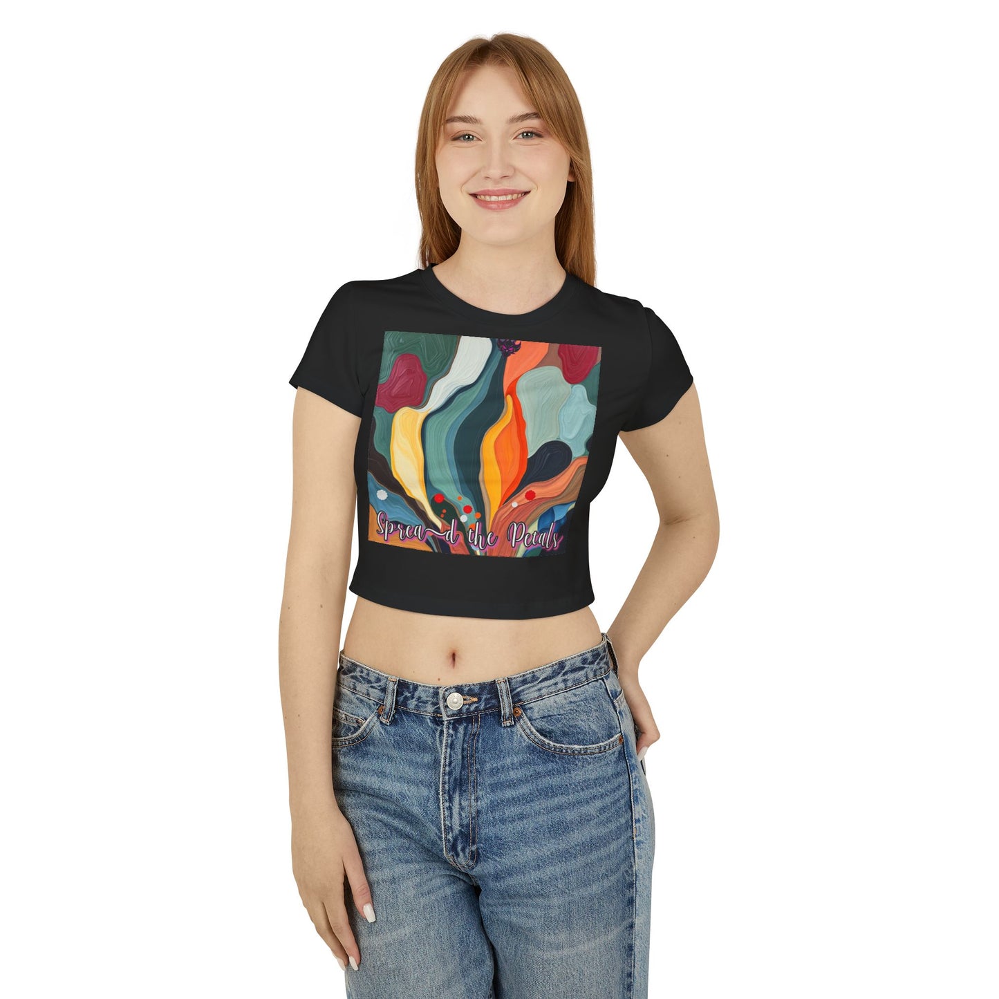 Colorful Artistic Women's Baby Tee - "Spread the Petals," Cute Graphic Tee, Summer Style, Gift for Art Lovers, Creative Fashion
