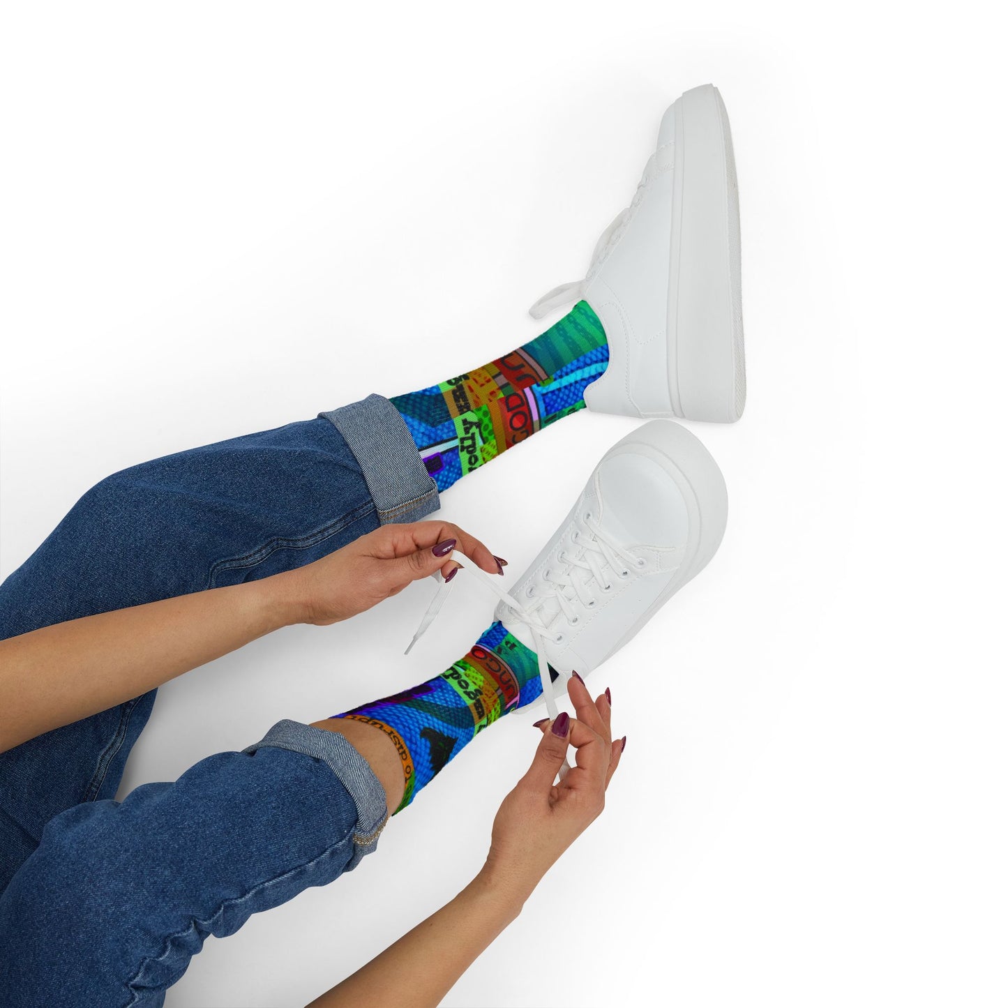 Ungodly Apparel Retro Vaporwave Sublimation Socks — Colorful 90s Cassette & Pixel Art Crew Socks