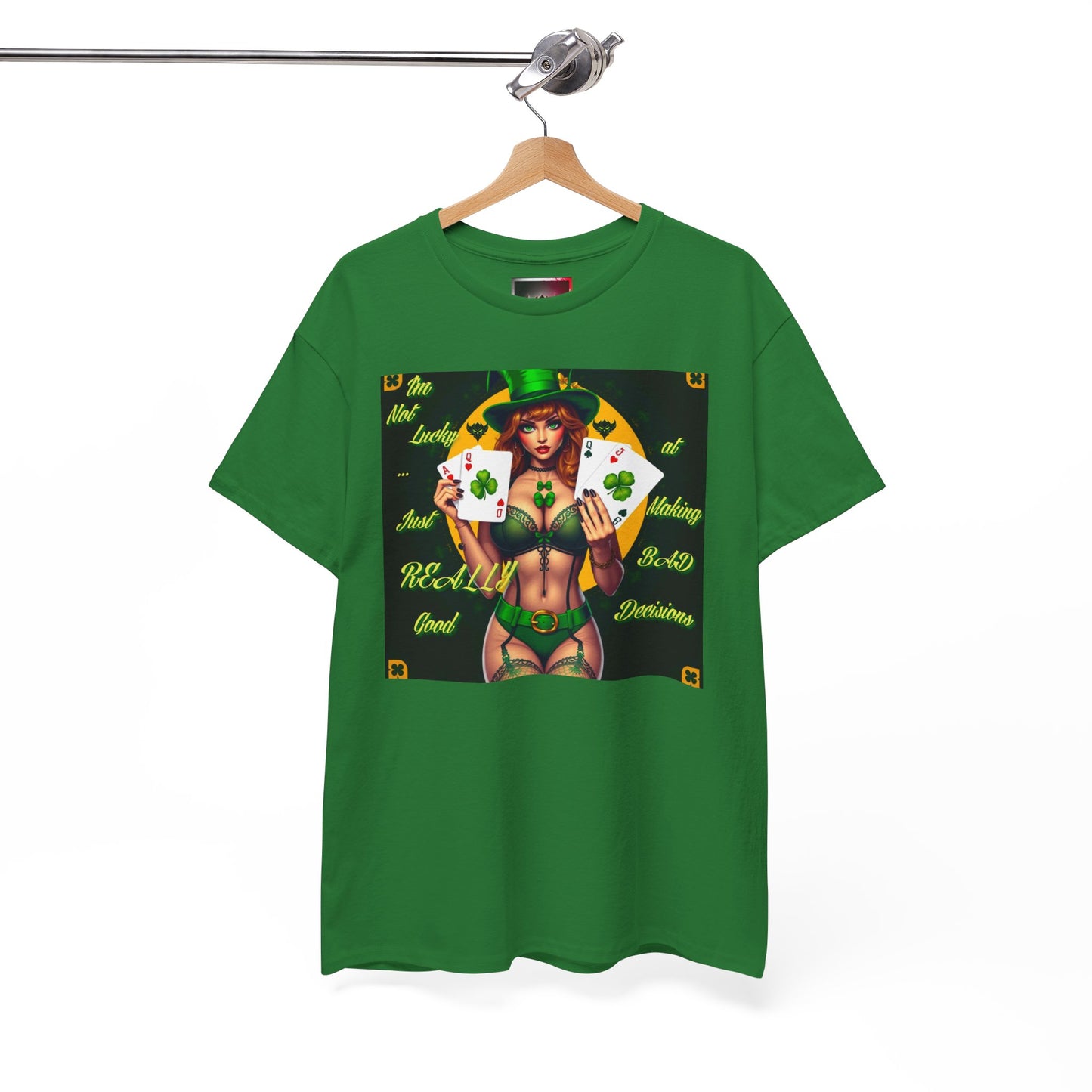 "I'm Not Lucky, I'm just really good at making Bad Decisions" St. Patrick's Day Unisex Heavy Cotton Tee - Playful Design with Lucky Charm Theme