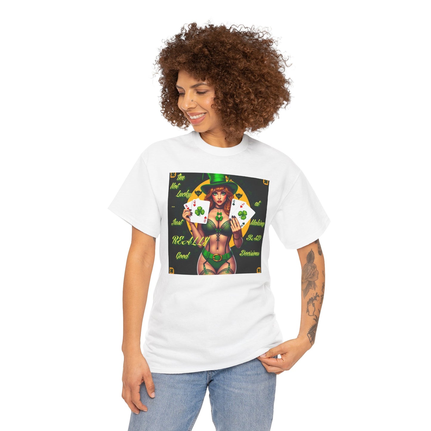 "I'm Not Lucky, I'm just really good at making Bad Decisions" St. Patrick's Day Unisex Heavy Cotton Tee - Playful Design with Lucky Charm Theme