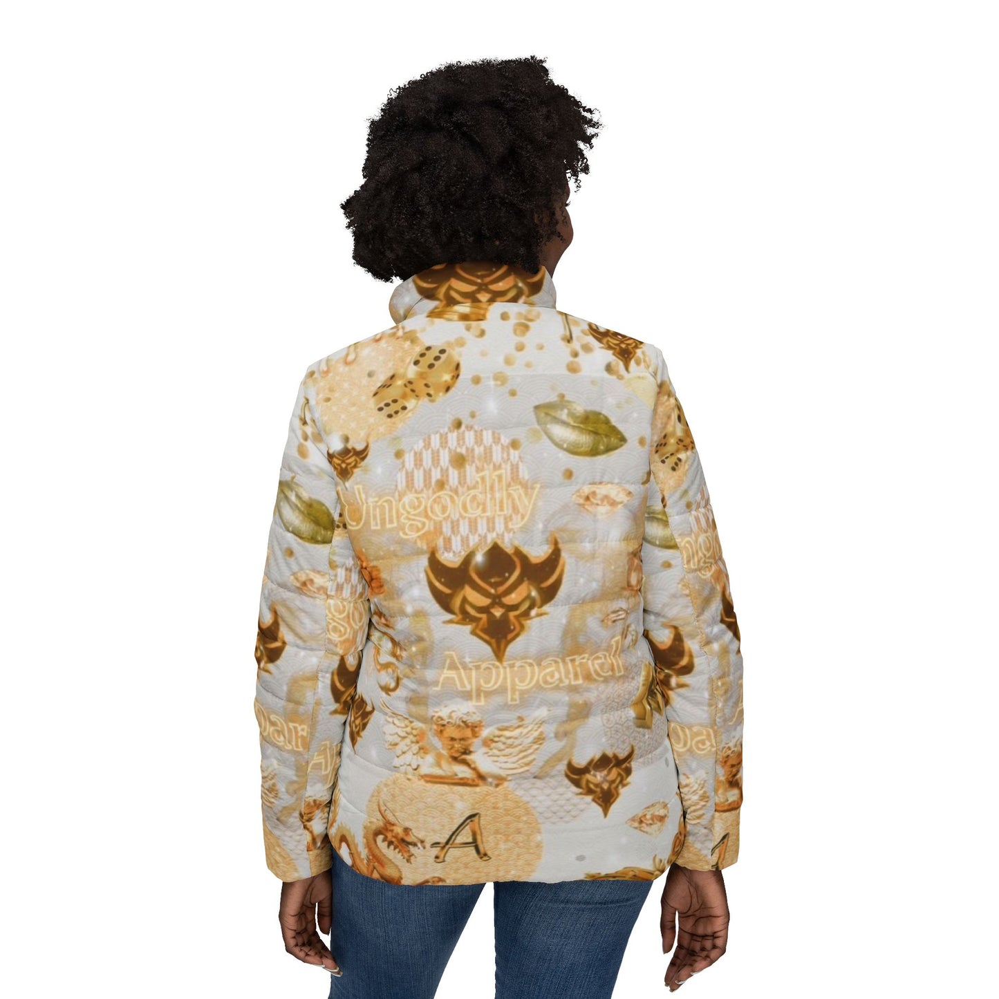Women's Puffer Jacket — Gold Floral Vintage Pattern