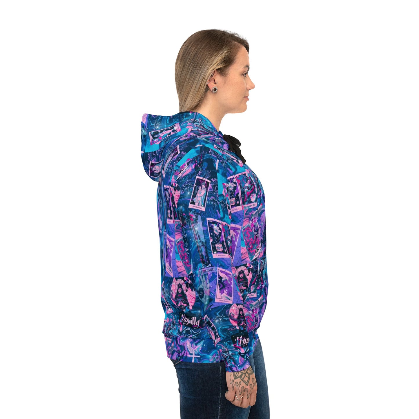 "Ungodly Tarot" All-Over Print Retro Collage Athletic Unisex Hoodie — Neon Purple & Teal Streetwear