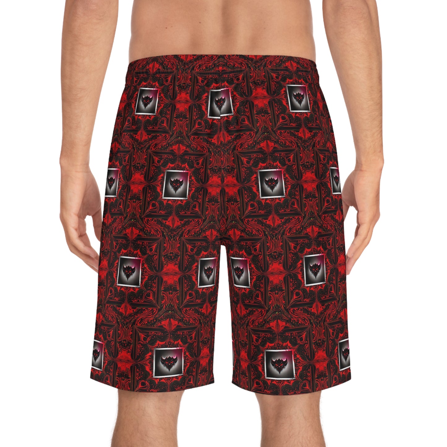 "Ungodly Red Paisley" Men's AOP Board Shorts - Bold Red Heart Design, Summer Swimwear, Beachwear, Vacation, Gift for Him, Pool Party Essentials