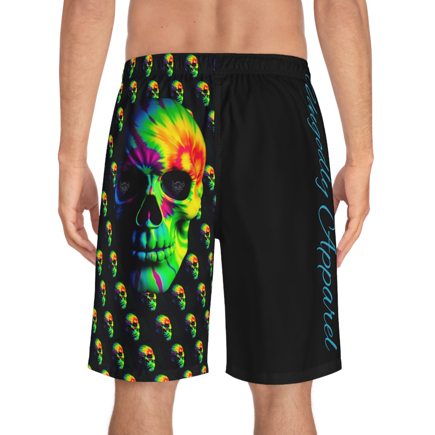 Vibrant "Ungodly" Skull Print Board Shorts, Summer Swim Trunks, Beach Wear, Festival Apparel, Men's Swim Shorts for Parties