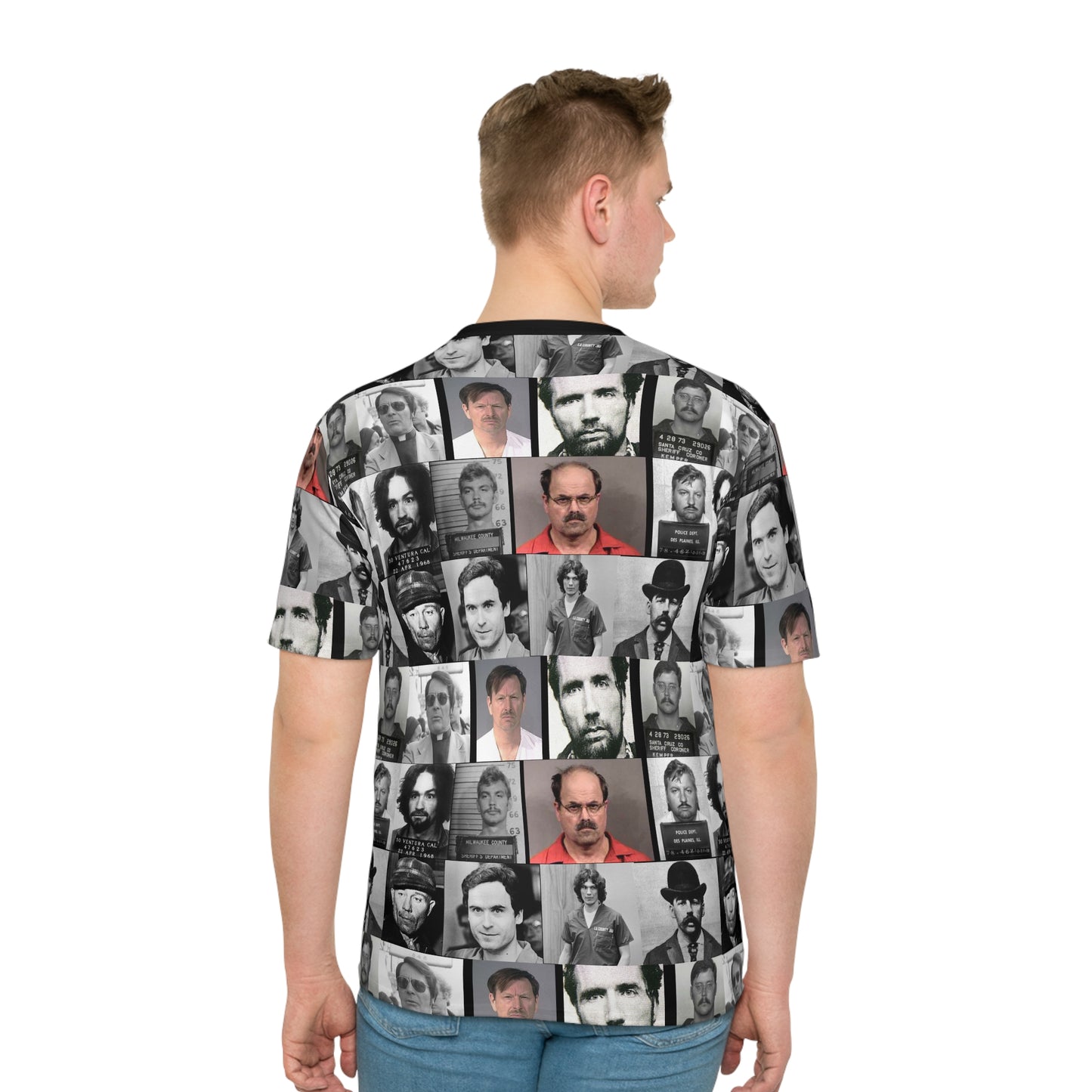 "True Crime" Stylish Men's AOP T-Shirt, Unique Graphic Tee, Casual Streetwear, Gift for Him, Vintage Mugshot Design
