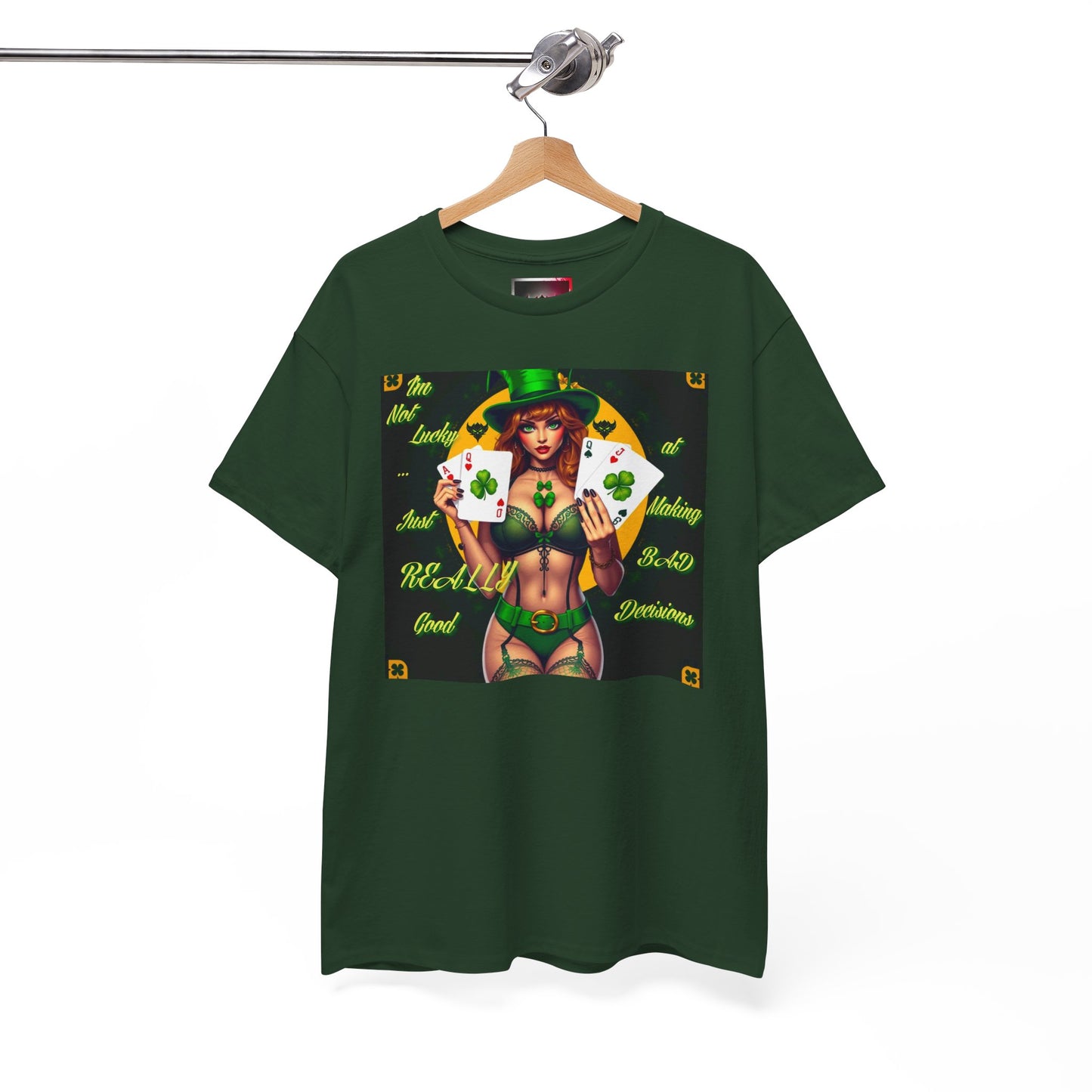 "I'm Not Lucky, I'm just really good at making Bad Decisions" St. Patrick's Day Unisex Heavy Cotton Tee - Playful Design with Lucky Charm Theme