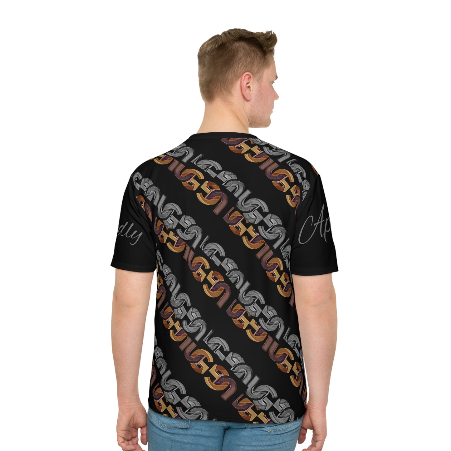 Ungodly Chains Pattern Men's Loose T-Shirt — Black Diagonal Link Graphic All-Over Print