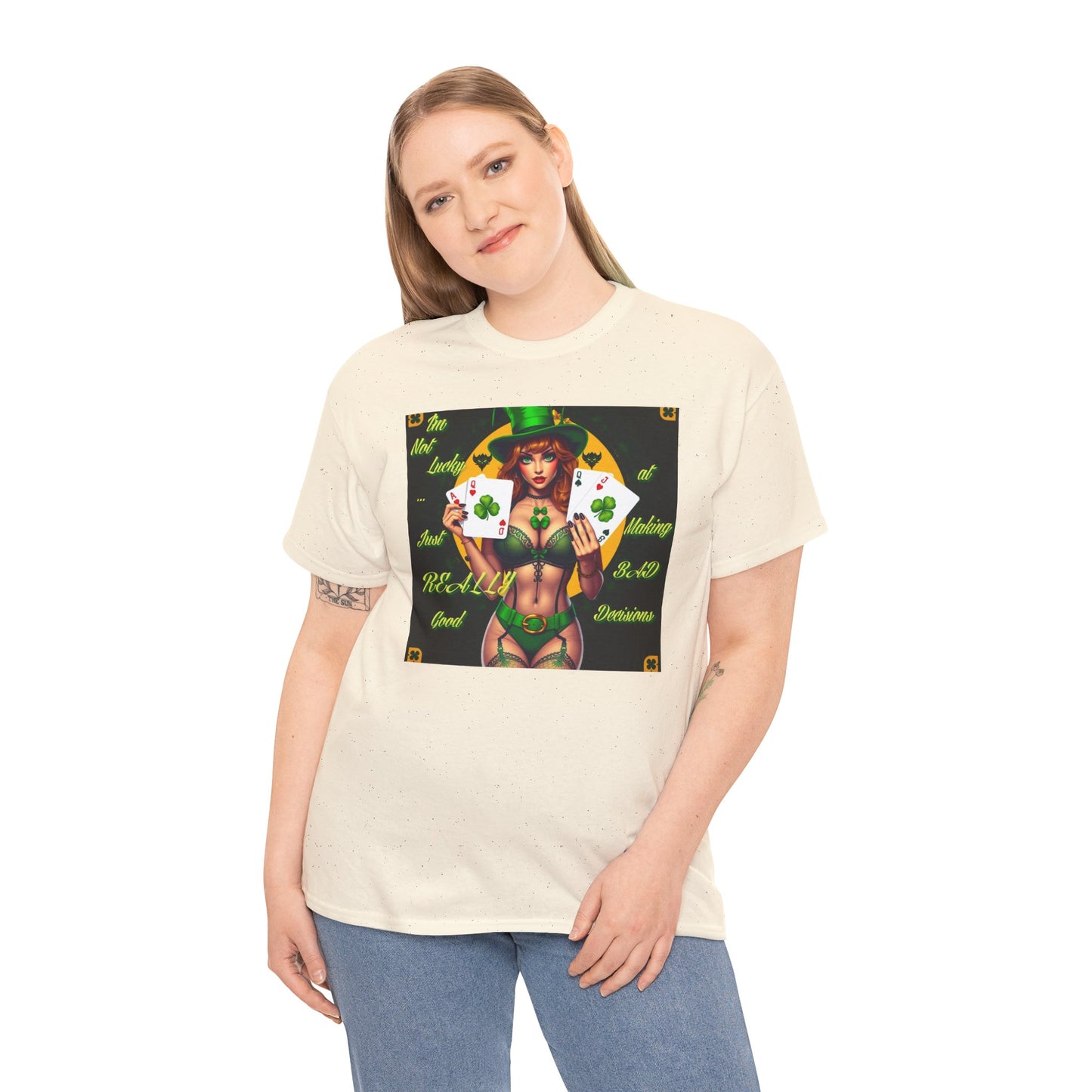 "I'm Not Lucky, I'm just really good at making Bad Decisions" St. Patrick's Day Unisex Heavy Cotton Tee - Playful Design with Lucky Charm Theme