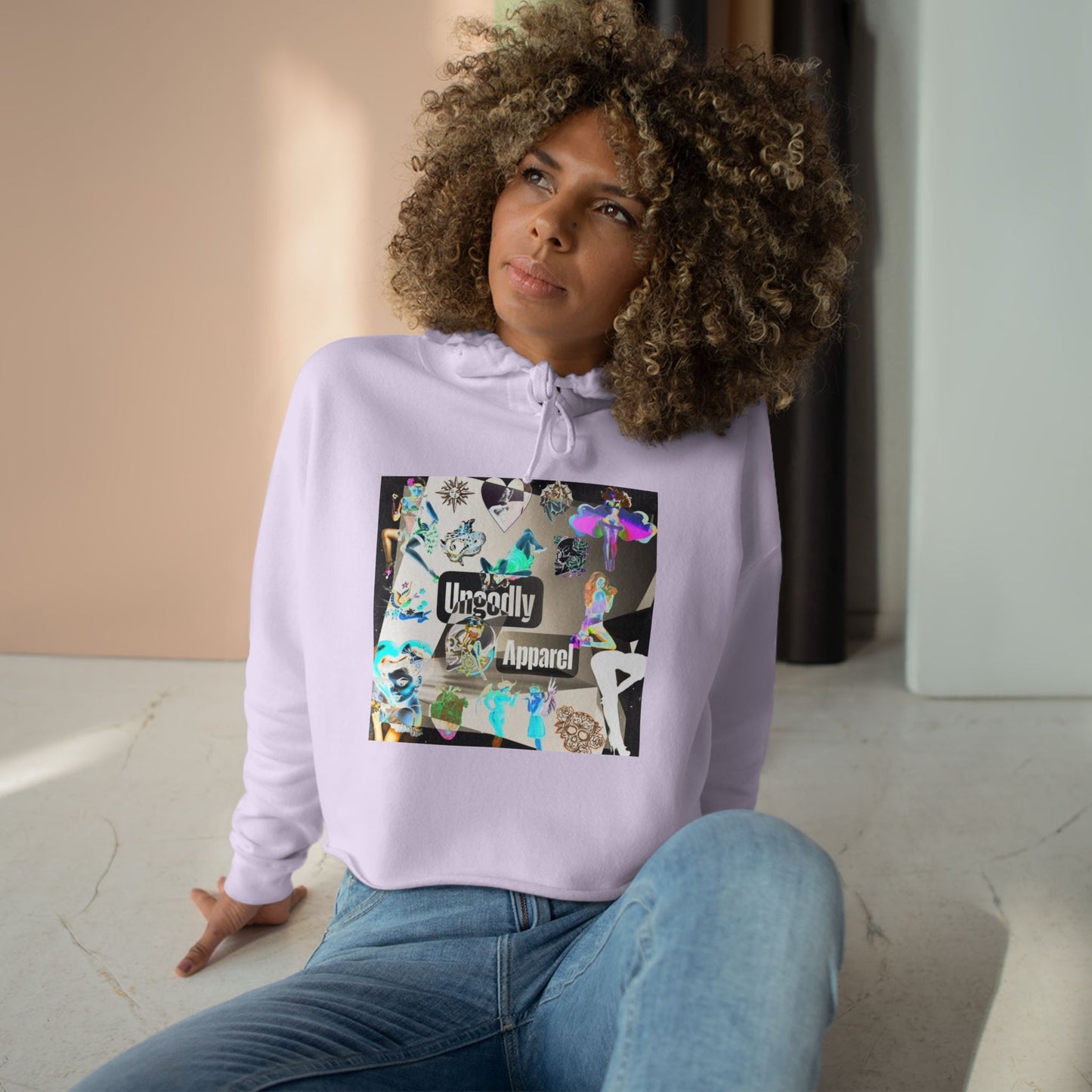 Holographic Floral Crop Hoodie — 'Ungodly Apparel' Graphic