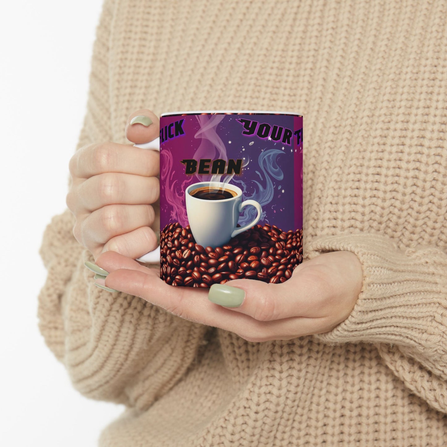 Coffee Lover Mug — "Flick your Bean" Colorful Steam & Coffee Beans Ceramic Mug (11oz/15oz)