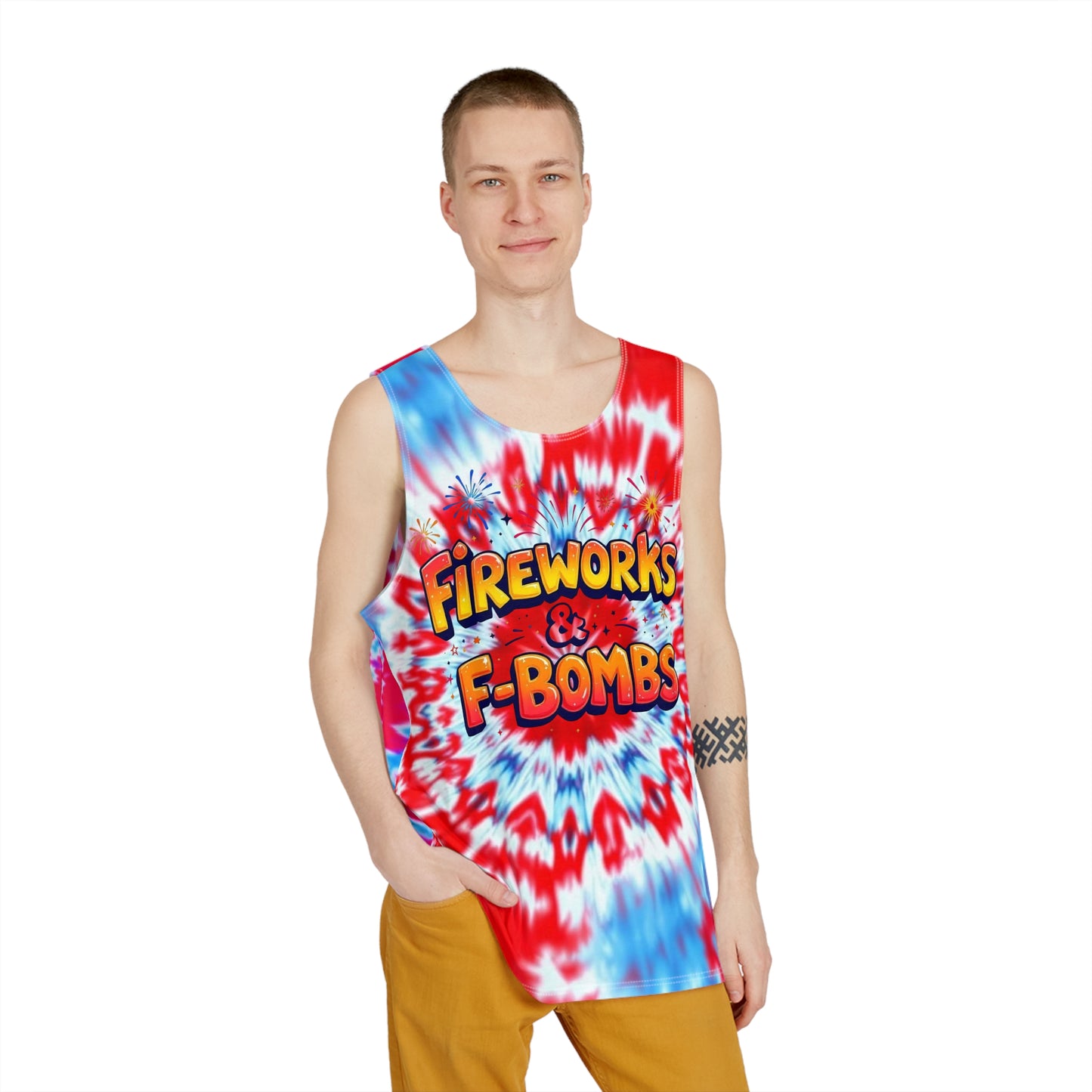 Men's Tie-Dye Tank Top - "Fireworks & F-Bombs" Design, Summer Party Outfit, Festival Wear, Casual Clothing, Gift for Him