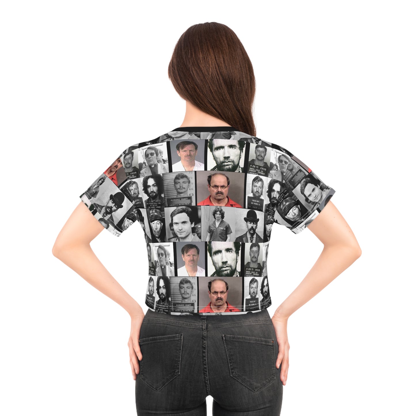 Unique Graphic Crop Tee with Bold Design, Stylish Casual Wear, Trendy Summer Top, Perfect for Festivals, Gifts for Crime Enthusiasts