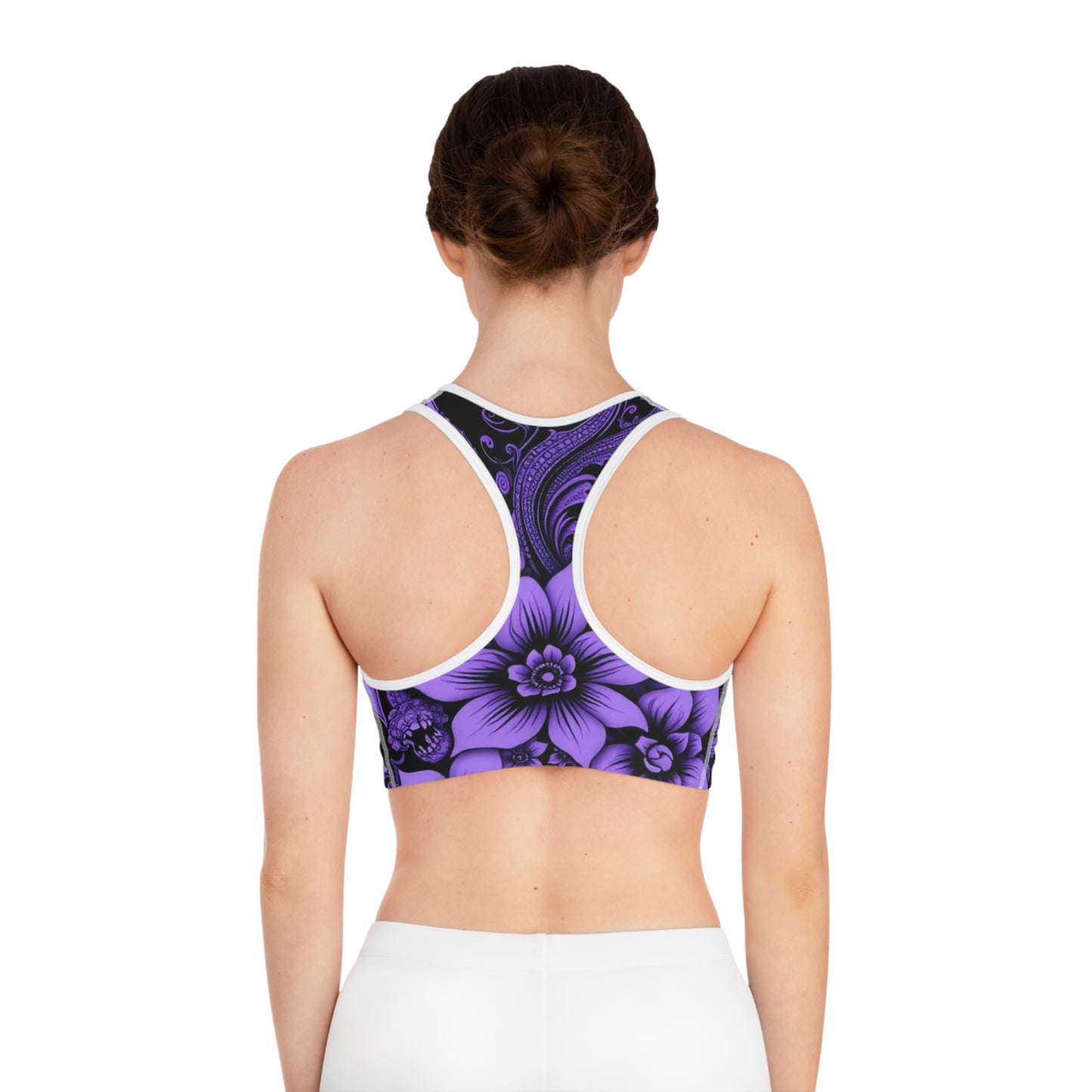 Gothic Floral "Chill of Darkness" Sports Bra - Dark Purple Skull & Flower Design