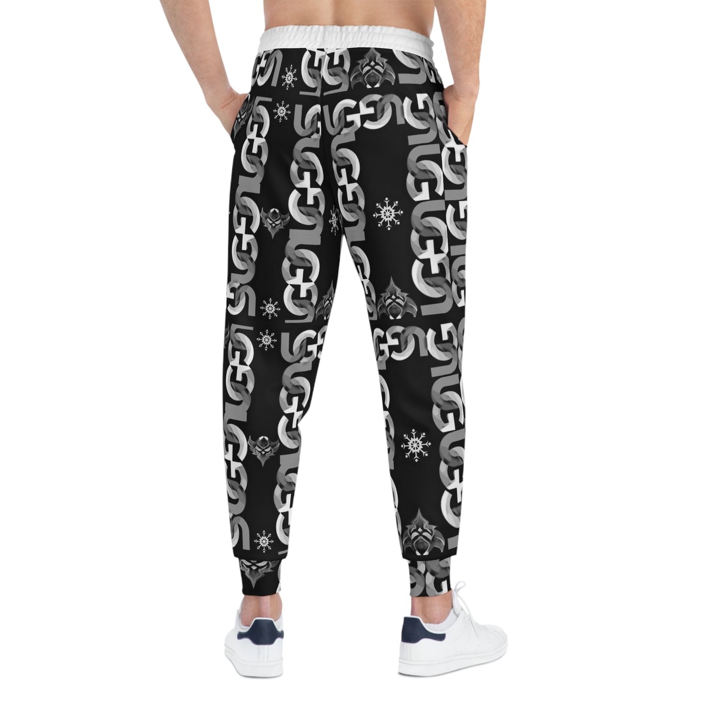 Ungodly Chain Pattern Athletic Joggers — Black & White All-Over Print