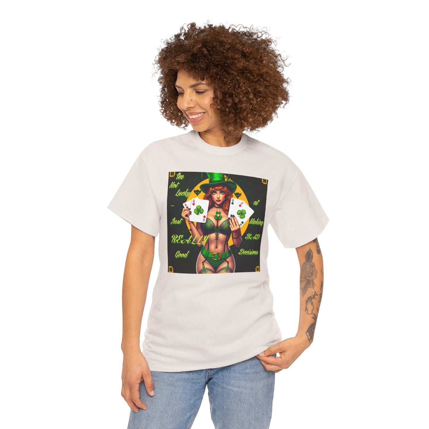 "I'm Not Lucky, I'm just really good at making Bad Decisions" St. Patrick's Day Unisex Heavy Cotton Tee - Playful Design with Lucky Charm Theme