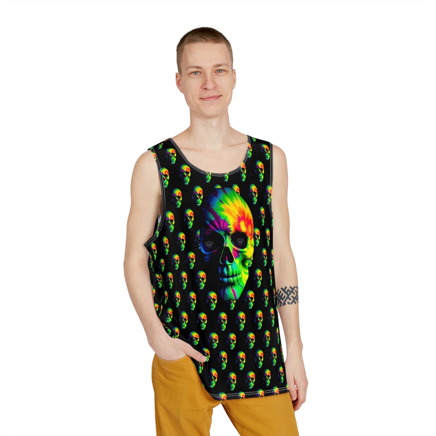 "Ungodly Tie Dye Skulls" Men's AOP Skull Tank Top - Vibrant Streetwear, Summer Essential, Festival Outfit, Gothic Style, Party Wear