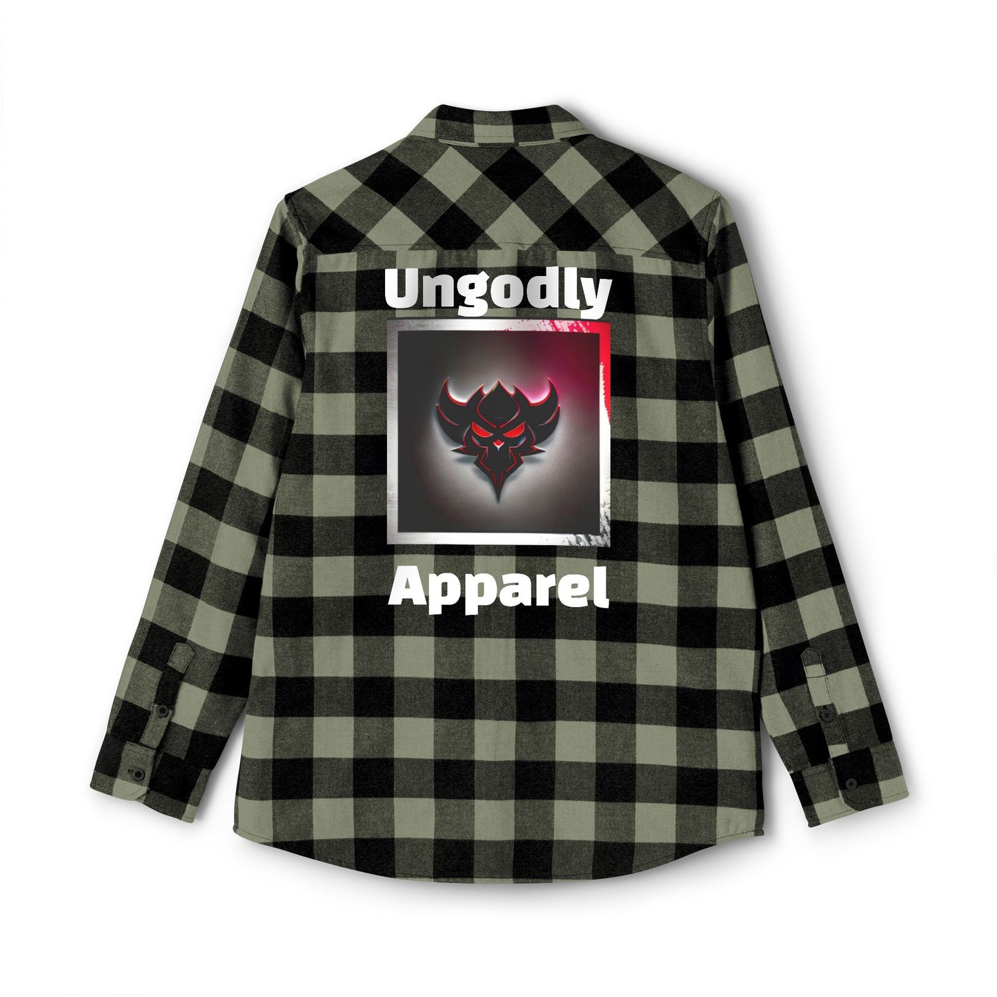 "Ungodly Apparel" Unisex Flannel Shirt, Cozy Layering Shirt, Casual Style, Outdoor Adventure Clothing, Graphic Design Shirt, Gift for Him/Her