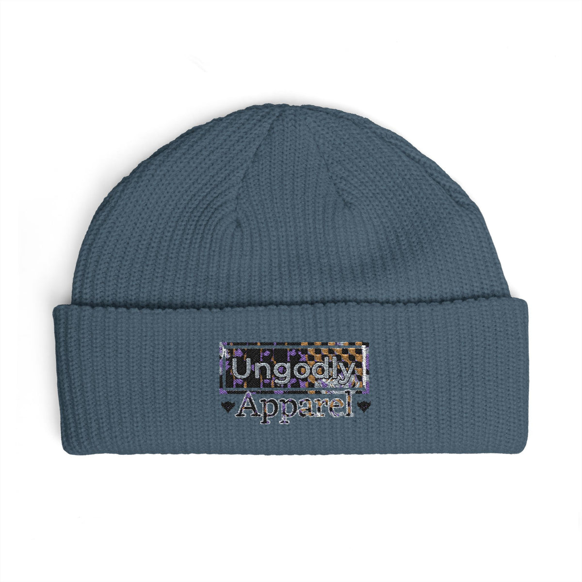 Embroidered 'Ungodly Apparel' Cuff Beanie — Sequin Patch Winter Knit Cap