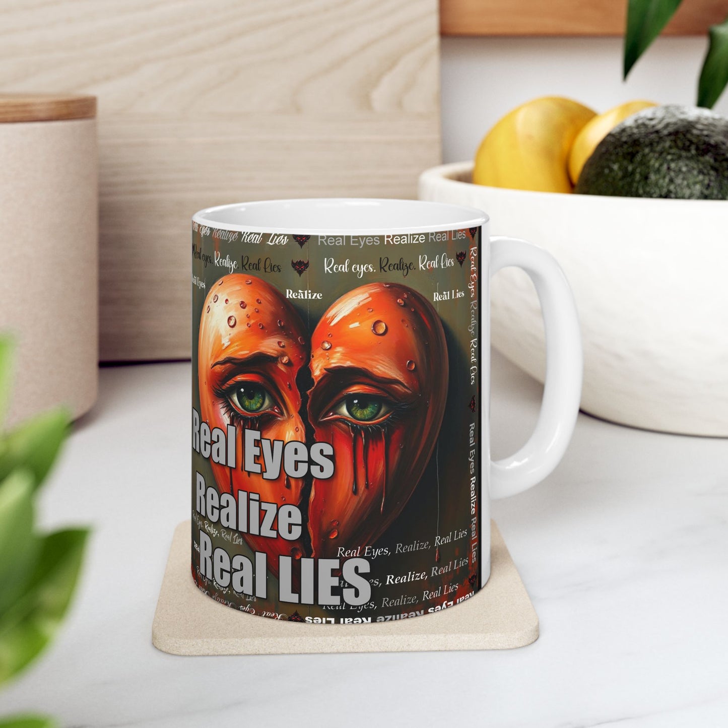 Inspirational Art Ceramic Mug — "Real Eyes Realize Real Lies" Colorful Eye Design (11oz/15oz)
