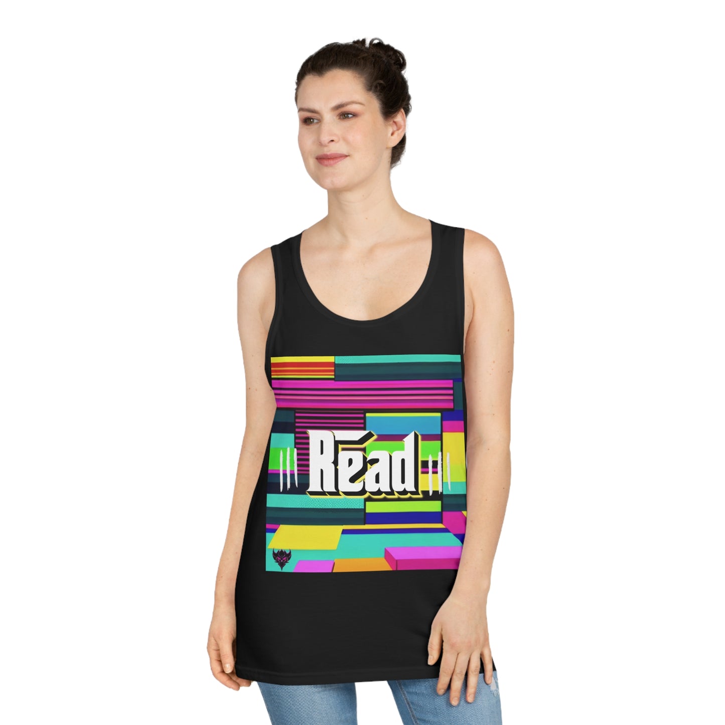 "Read Between the Lines" Colorful Read Tank Top, Unisex Softstyle™ Tank, Reading Gift, Book Lover's Apparel, Summer Fashion, Fun Literary Shirt