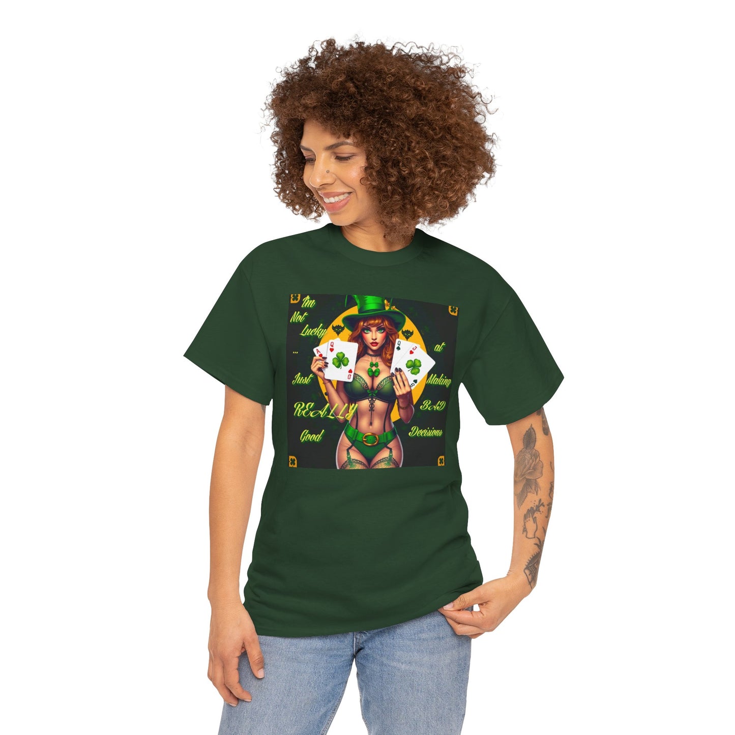 "I'm Not Lucky, I'm just really good at making Bad Decisions" St. Patrick's Day Unisex Heavy Cotton Tee - Playful Design with Lucky Charm Theme