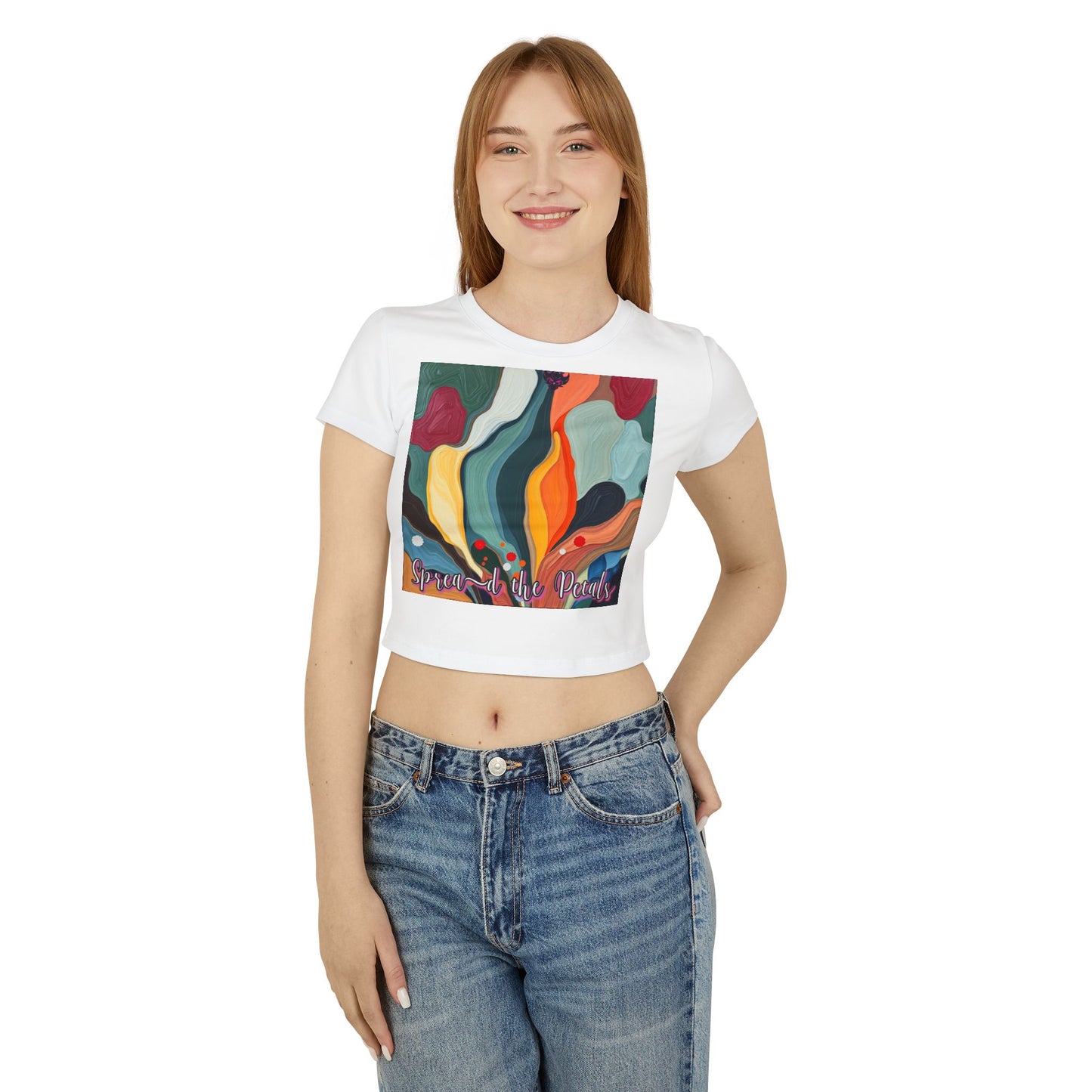 Colorful Artistic Women's Baby Tee - "Spread the Petals," Cute Graphic Tee, Summer Style, Gift for Art Lovers, Creative Fashion