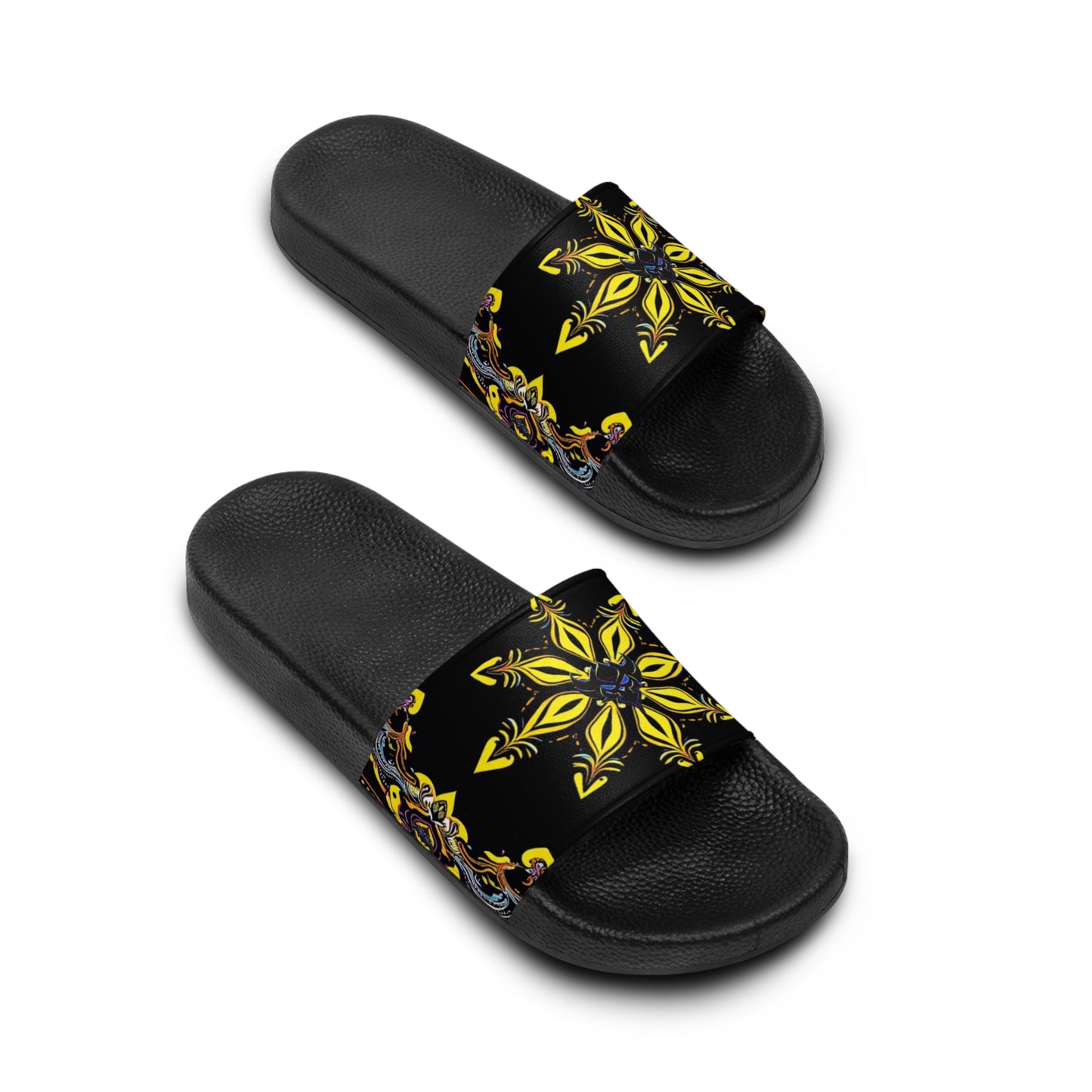 Stylish Men’s Slide Sandals with Unique Black and Yellow Paisley Design