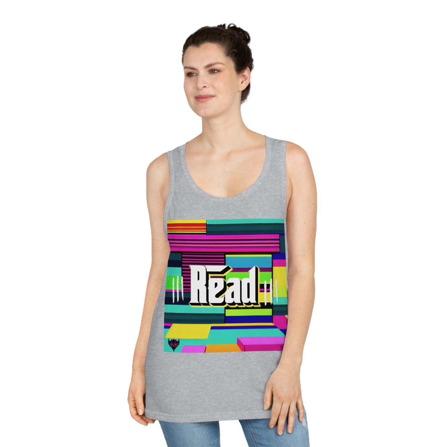 "Read Between the Lines" Colorful Read Tank Top, Unisex Softstyle™ Tank, Reading Gift, Book Lover's Apparel, Summer Fashion, Fun Literary Shirt