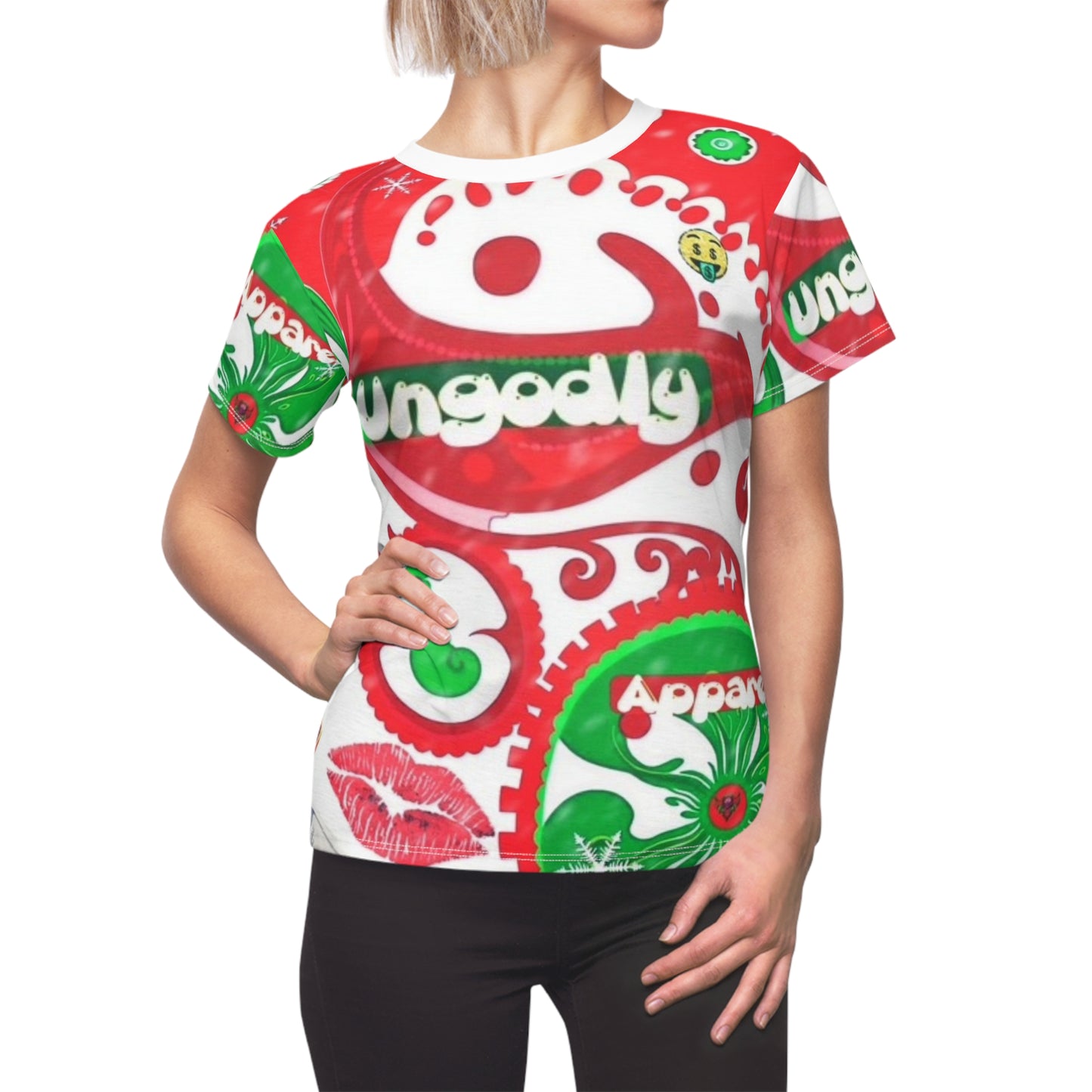 Christmas Graphic Tee — 'Ungodly Apparel' Red & Green All-Over Print Women's Shirt