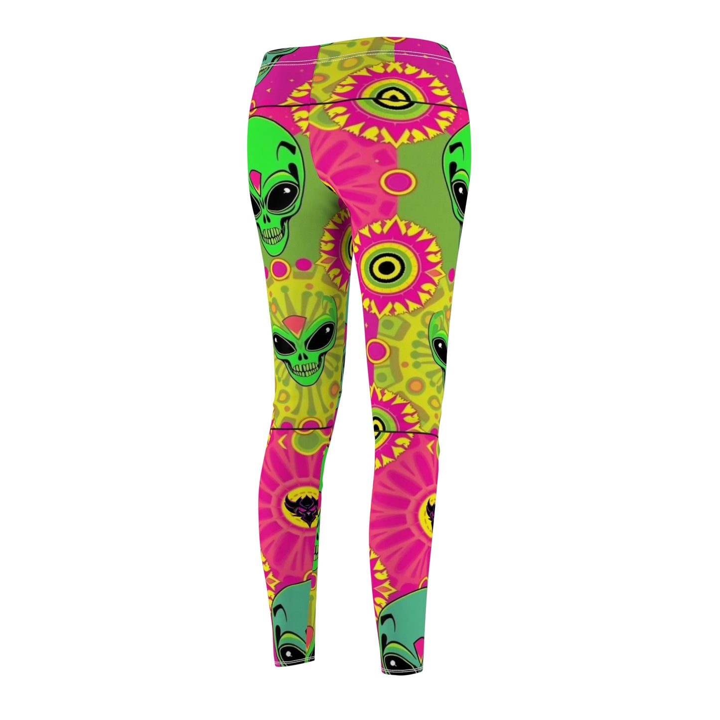 Psychedelic Alien Print Leggings — Colorful Neon Skull & Sun Pattern