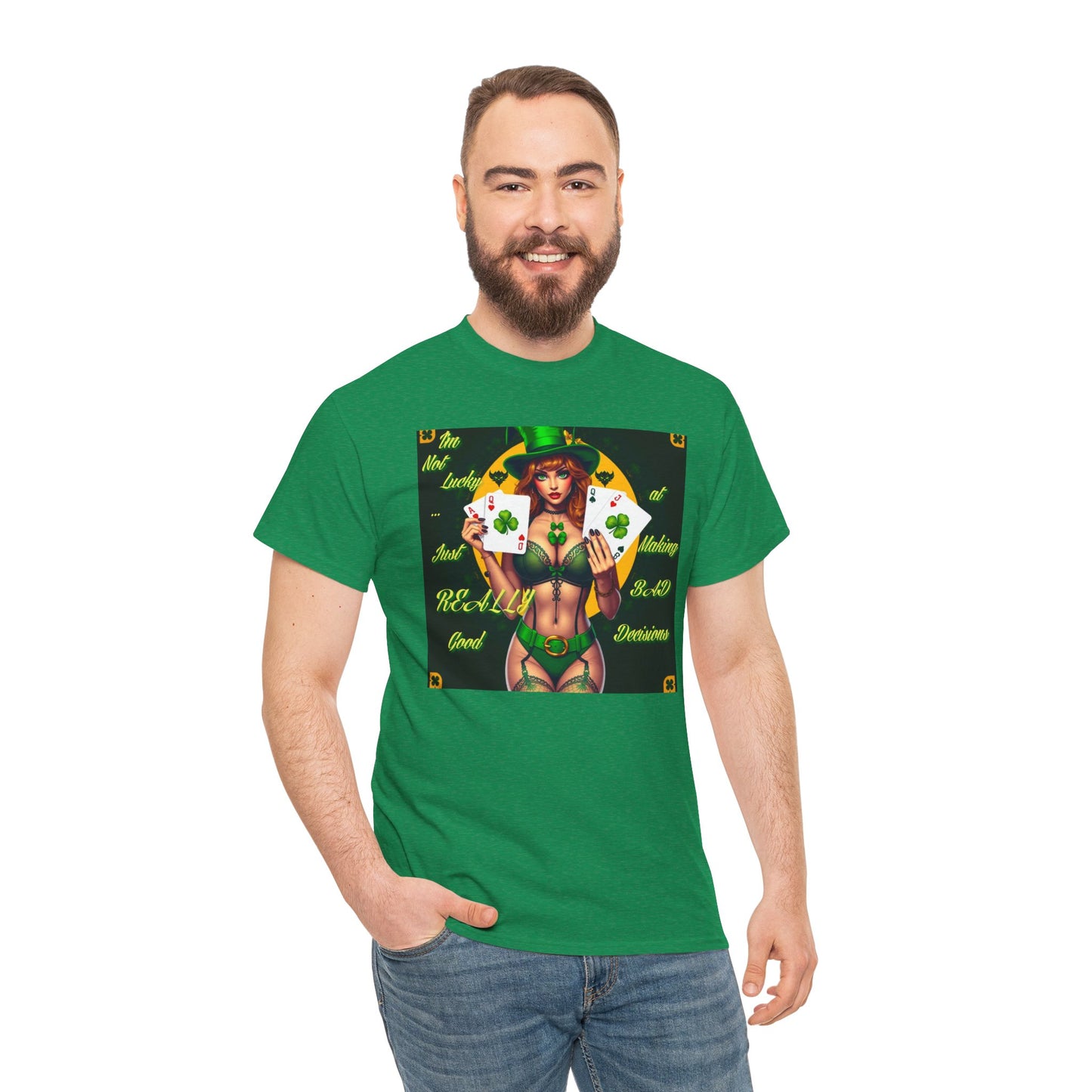 "I'm Not Lucky, I'm just really good at making Bad Decisions" St. Patrick's Day Unisex Heavy Cotton Tee - Playful Design with Lucky Charm Theme