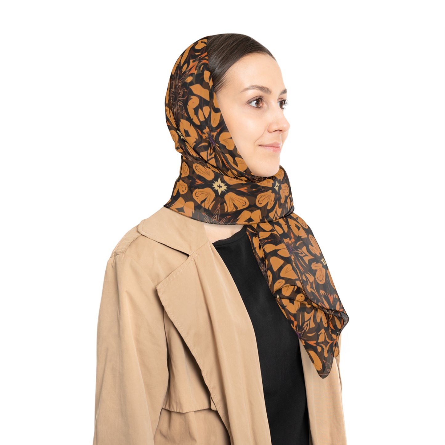 Geometric Tile Pattern Polyester Scarf — Warm Brown Floral Motif