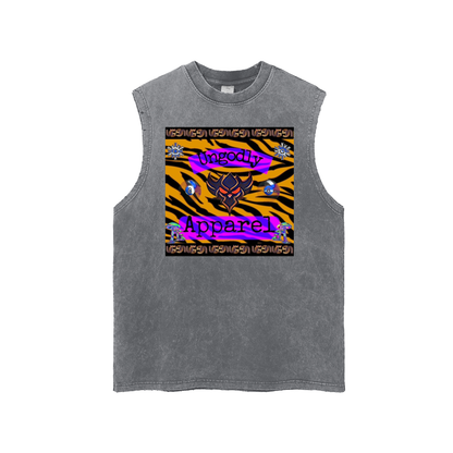 Snow Washed Frayed "Ungodly Tiger" Hem Tank Top