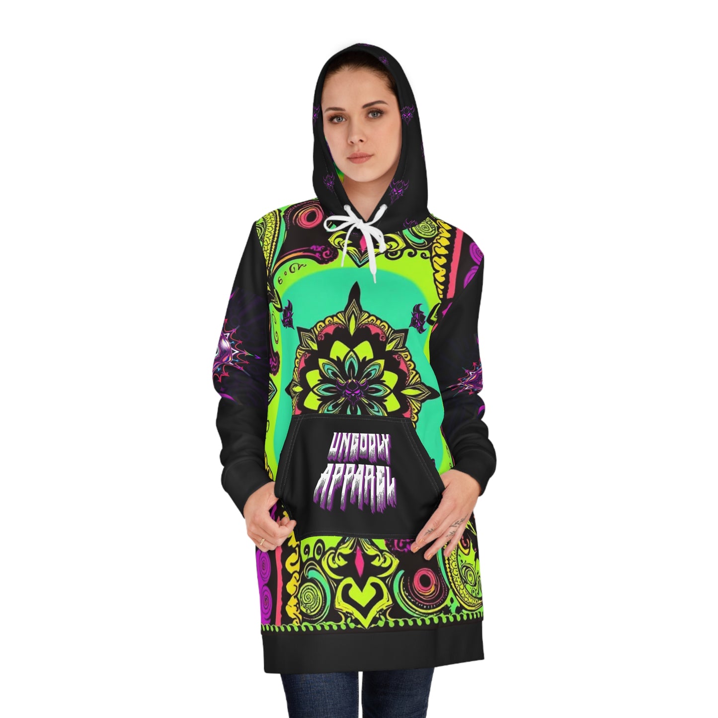 "Ungodly Green Paisley Bandana Hoodie" Boho Hooded Dress - Vibrant Colorful Mandala Design, Casual Wear, Festival Outfit, Unique Gift for Her, Cozy Sweater Dress