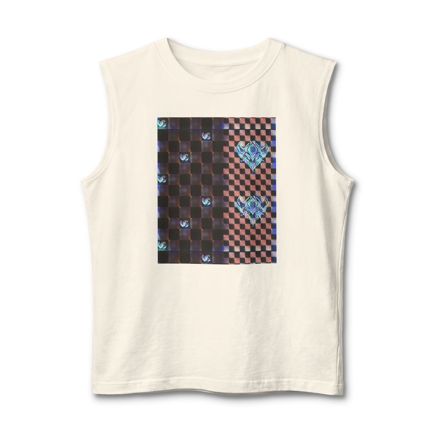 UG Checkerboard Pattern Muscle Tank — Retro Blue Holographic Logo