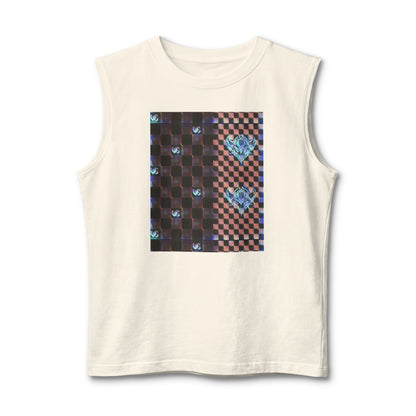 UG Checkerboard Pattern Muscle Tank — Retro Blue Holographic Logo