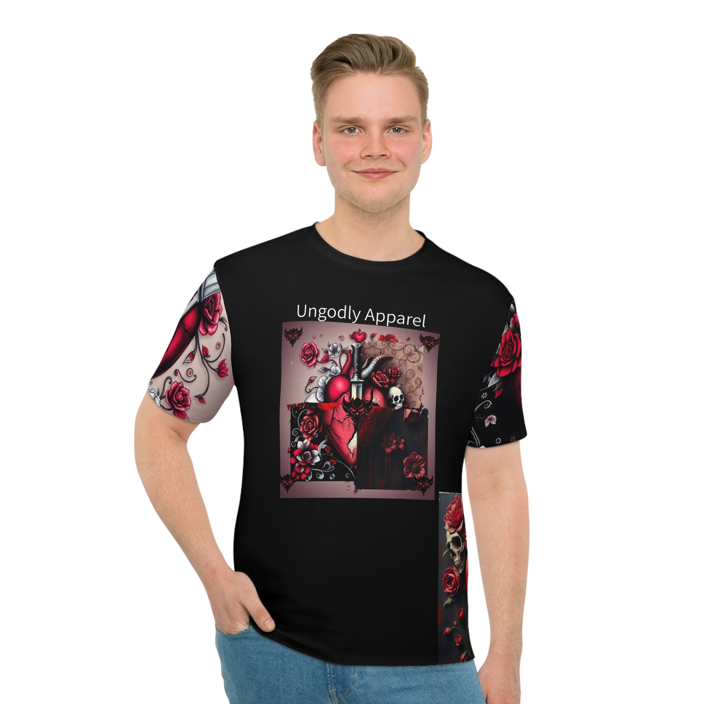 "Tangled Hearts" Men's Loose Skull & Rose T-Shirt – Edgy Floral Graphic Tee for Casual Style